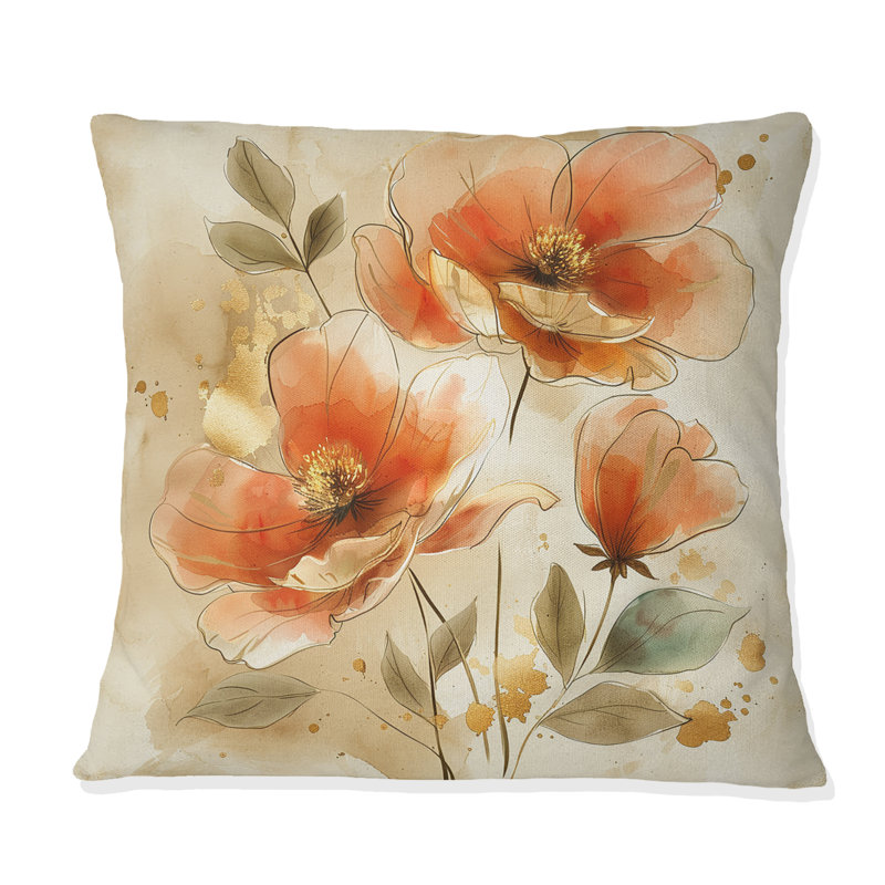 Watercolor Floral Dream - Coussin décoratif floral, H 16 po x l 16 po, Rouge / doré