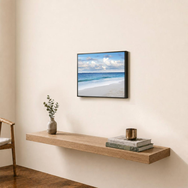 Plage bleue éternelle par Lisa Engelbrecht - Art graphique sur toile, H 18 po x l 24 po, Cadre plat flottant, Noir