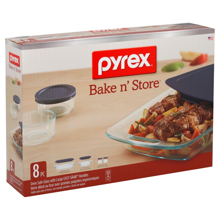 Pyrex 8 Piece Bake and Store Set. Oven Safe Glass Dish w Large Easy Grab  Handles