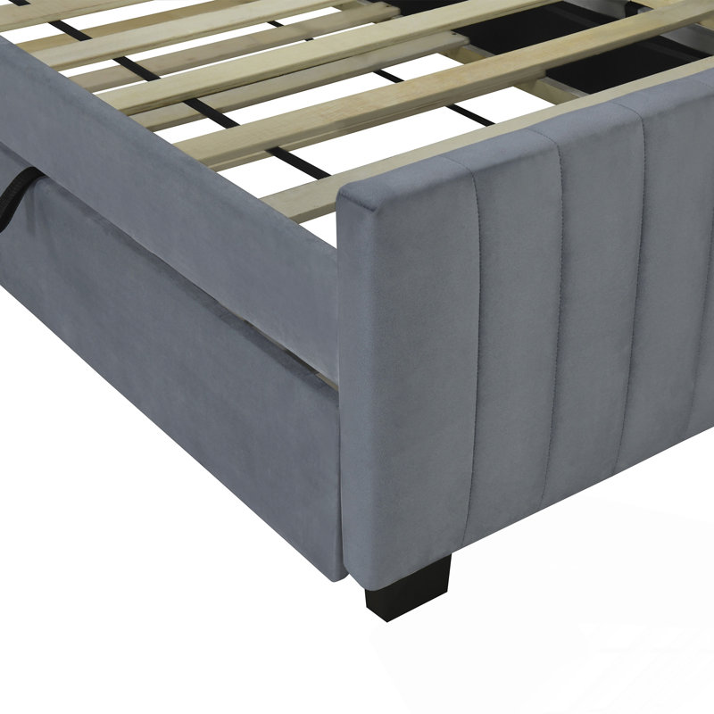 Modern Velvet Upholstered Platform Bed with Trundle, Gray
