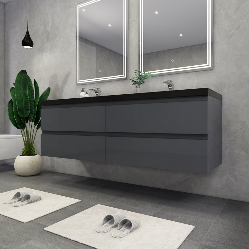 Ensemble de meuble-lavabo double mural 72 po Kirker, Gris lustré