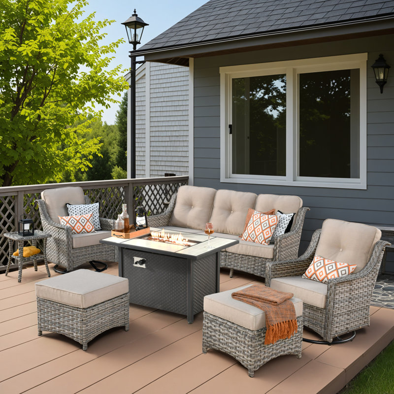 Harper Outdoor 7 Piece Patio Furniture With Fire Pit Table,wicker Conversation Set With Swivel Chairs, Comfy Deep Sofa With Ottoman For Outside Porch Balcony Backyard Pool