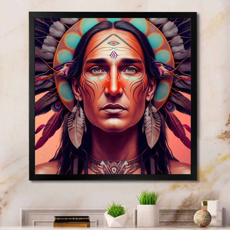 «Colorful Native American Man I - Floater Frame», impression sur toile, Impression noire sur toile encadrée