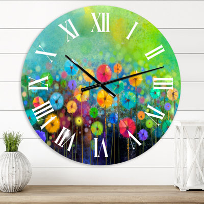 Fleurs jaunes et rouges peintes à la main - horloge murale traditionnelle