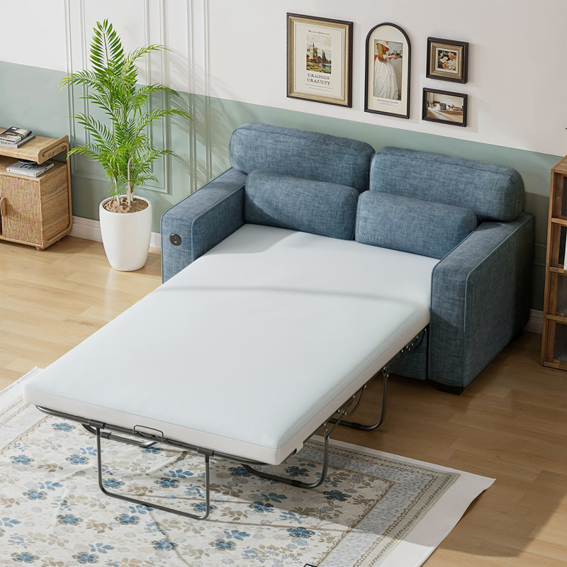 Pull Out Sofa Bed, Full Size Sleeper Sofa with 2 USB Charging Ports, Comfortable Loveseat Sleeper with Removable Covers, Blue