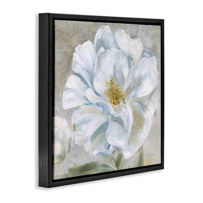 Gros plan, art mural sur toile flottante White Bloom par Sally Swatland, H 18 po x l 18 po, Cadre flottant noir de jais