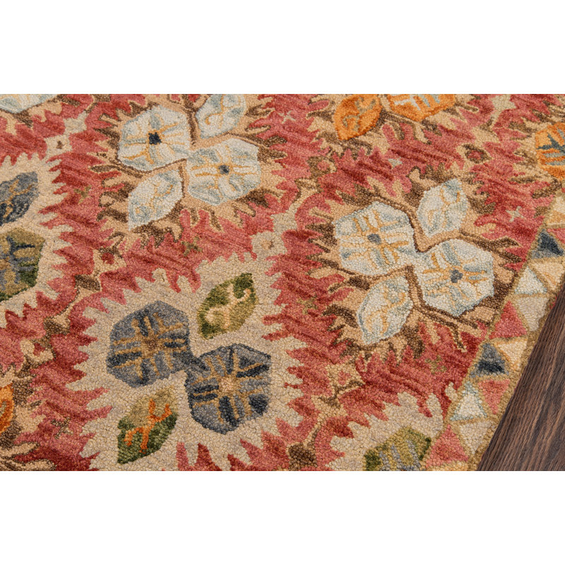 Adrien Floral Handmade Tufted Wool Red/Green/Ivory Area Rug, Rectangle 3'6" x 5'6"