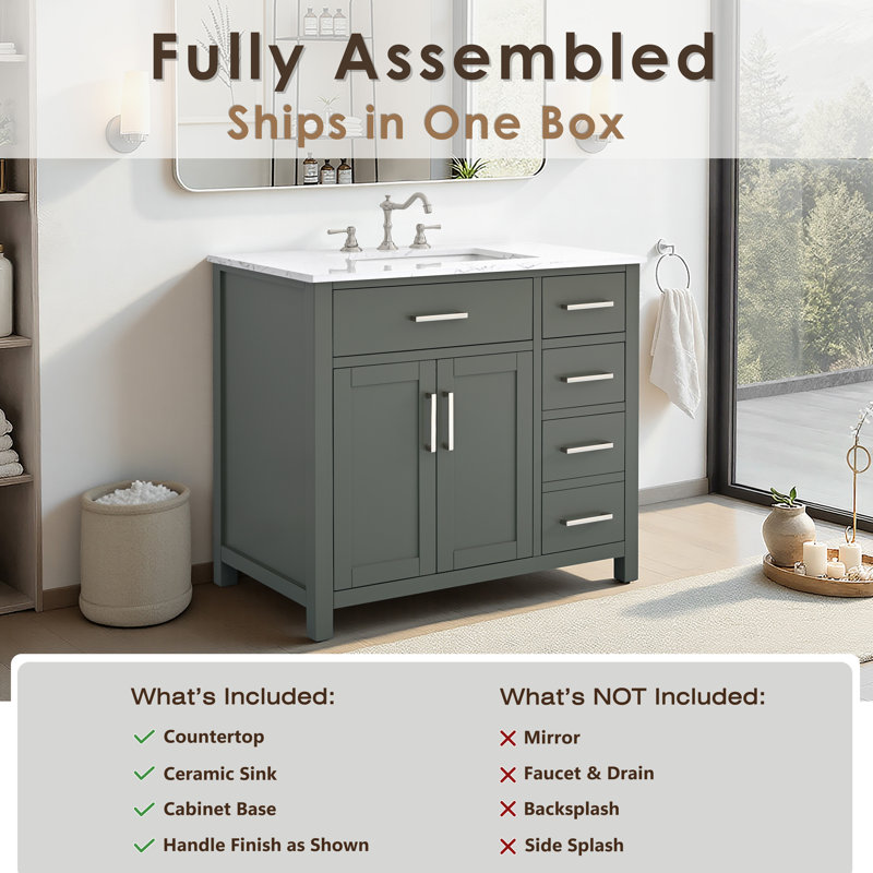 Tremolo 36" Single Bathroom Vanity With Engineered Marble Top, Vintage Green 