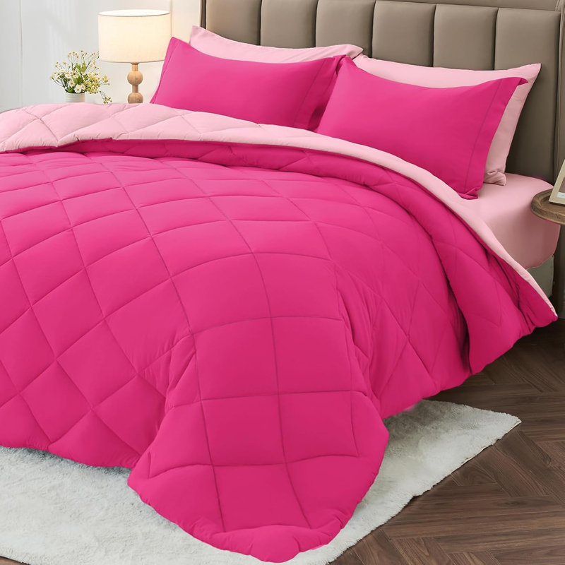 Ensemble de literie dans un sac 7 pièces grand lit réversible toutes saisons, Rose vif / rose bébé