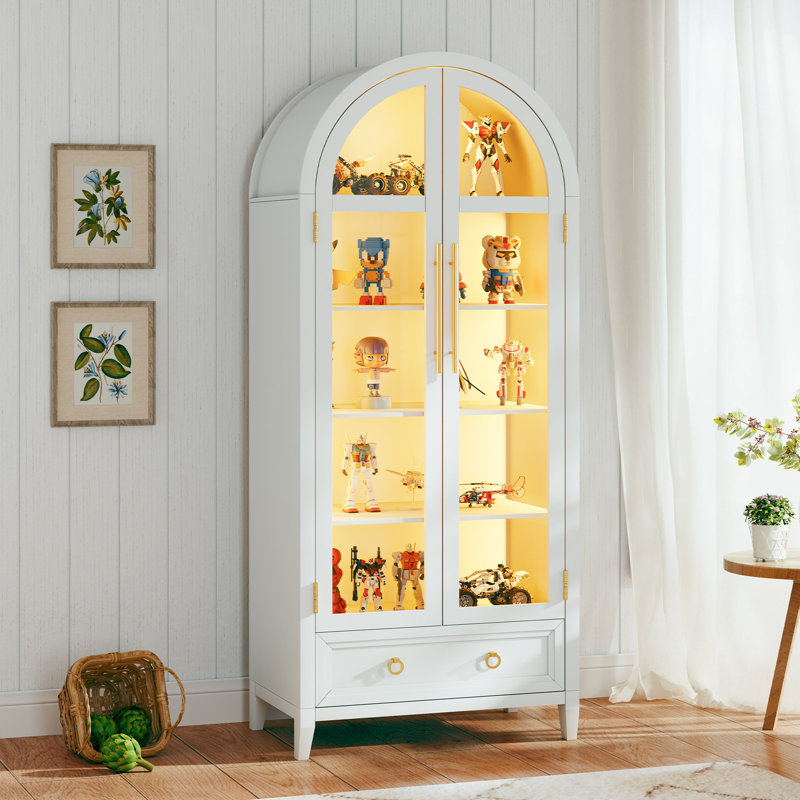 Arched Storage Display Cabinet With Led Lights, Adjustable Brightness & Smart Human Induction, White