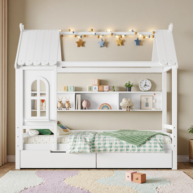 Cadre de lit charmante pour lit simple pour enfants avec tiroirs et tablettes de rangement - Inspirer l'imagination, aucun sommier nécessaire
