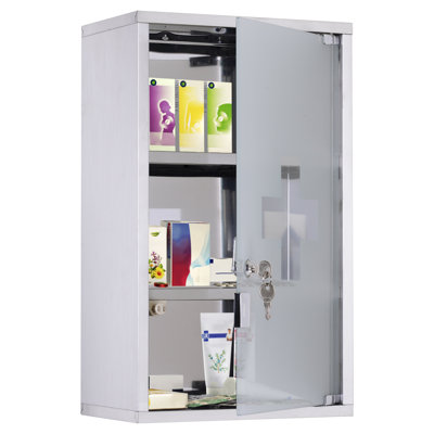 Wall Mounted Medicine Cabinet, Locking Wall Cabinet With 3 Tier Shelves, Stainless Steel Frame And Glass Door, Lockable With 2 Keys,, 12" X 20"