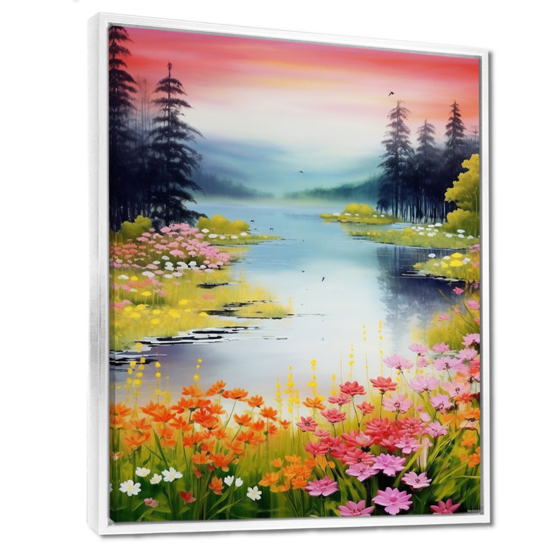 «Pink Blossoming Flower River In The Forest III», reproduction d'art mural, Toile encadrée flottée blanche