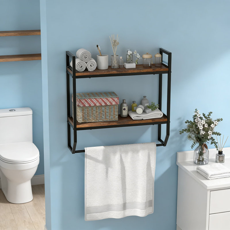 Tablette murale à 2 niveaux avec porte-serviettes, rangement industriel au-dessus de la toilette pour la salle de bain, le salon et la cuisine