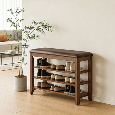 3-Tier Adjustable Shoe Bench With Leather Cushion — Walnut-Finish Entryway Storage Stool For Hallways & Mudrooms