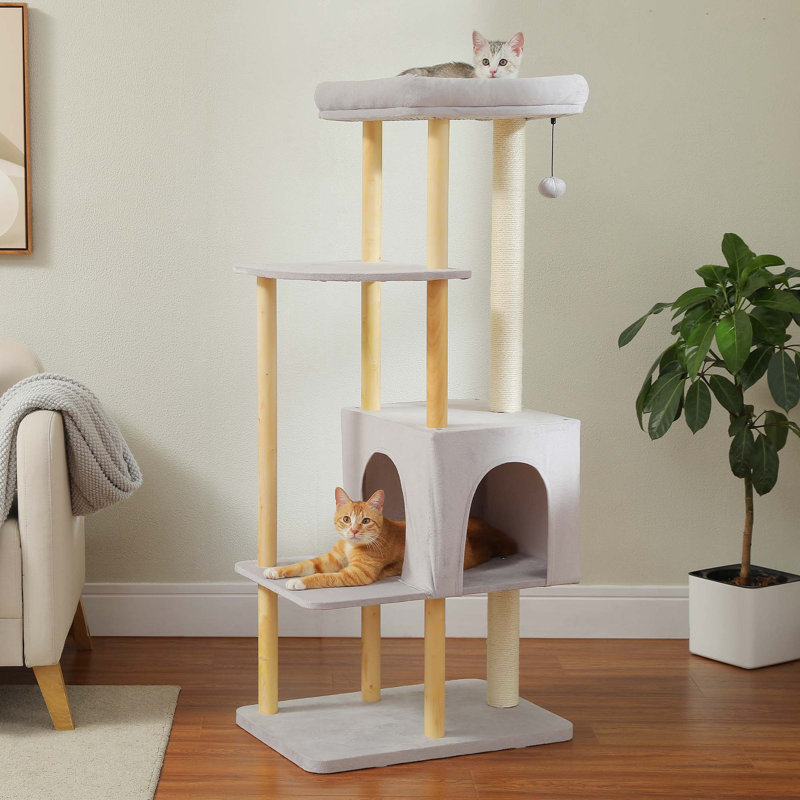 Arbre à chat en bois avec condo, hamac et balle jouet, Gris