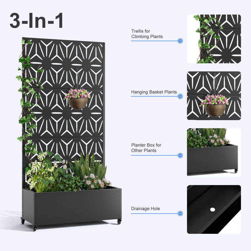 Metal Planter Wall Planter Pot Trellis, Freestanding Raised Garden Bed with Drainage Hole, Sturdy Trellis Planter Box for Patio, Balcony, or Deck