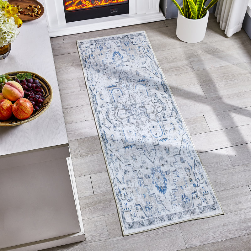 Non-Slip Machine Washable Oriental Area Rug in Blue/Cream/Gray for Living Room, Bedroom, Hallway Runner Indoor Rugs