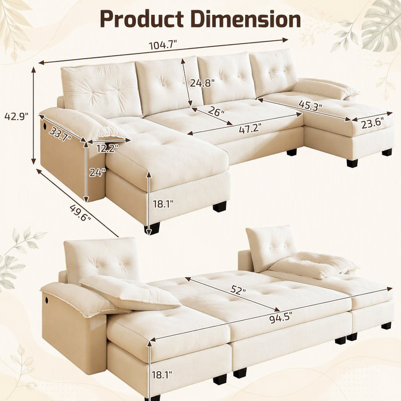 Canapé-lit en forme de U de 104,7 pouces avec lit escamotable, canapé convertible 2 en 1 avec accoudoirs amovibles et ports USB, canapé modulaire surdimensionné pour le salon