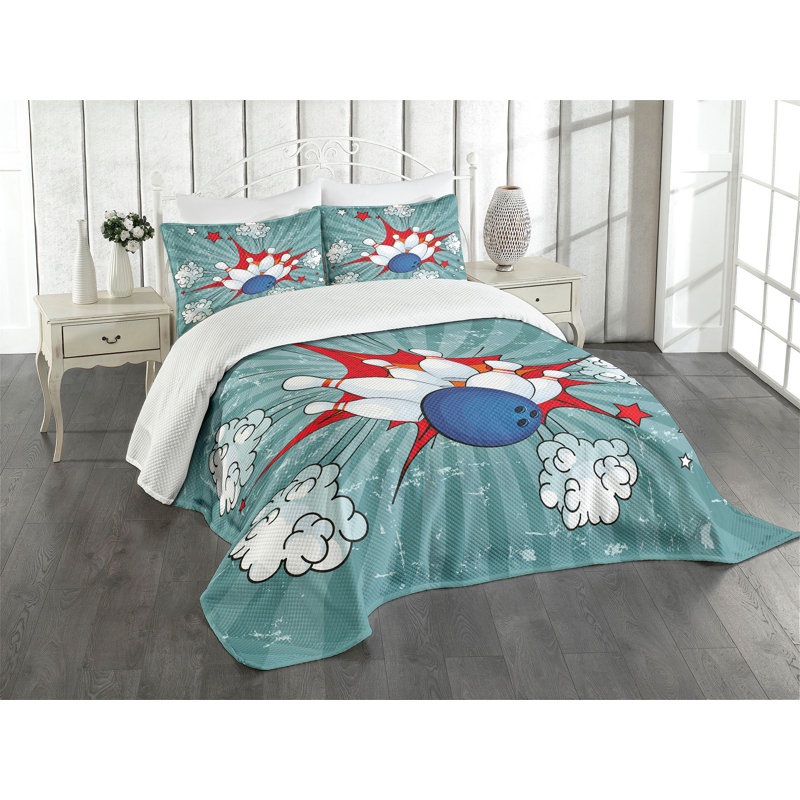 Ambesonne Bowling Party Bedspread Set Retro Comic Blast Multicolor, Queen Bedspread + 2 Standard Shams