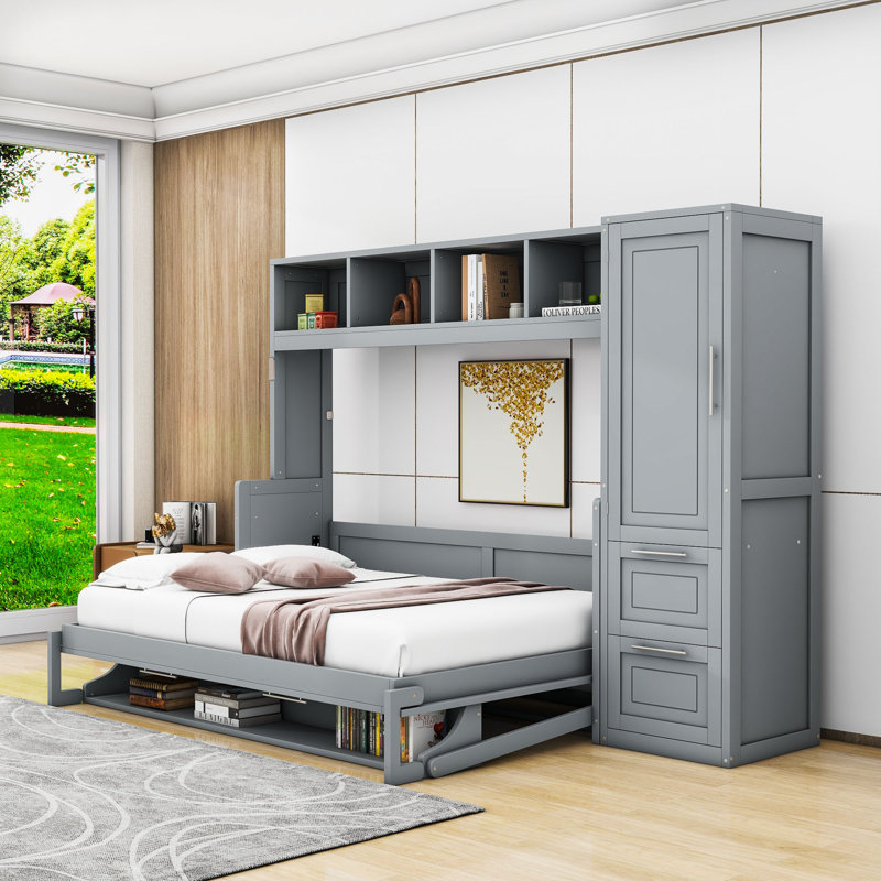 Lit escamotable Ajae avec bibliothèque de rangement, tiroirs et garde-robe, Gris, Plein