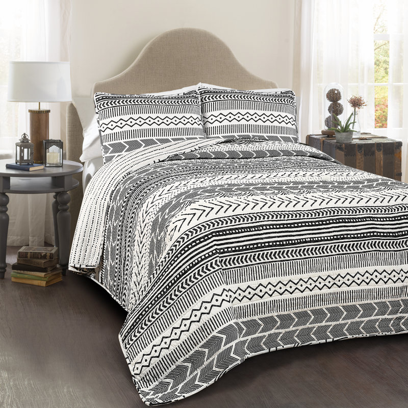 Lush Decor Hygge Geo Reversible Cotton Quilt Set, Black/White, Full/Queen Quilt + 2 Standard Shams