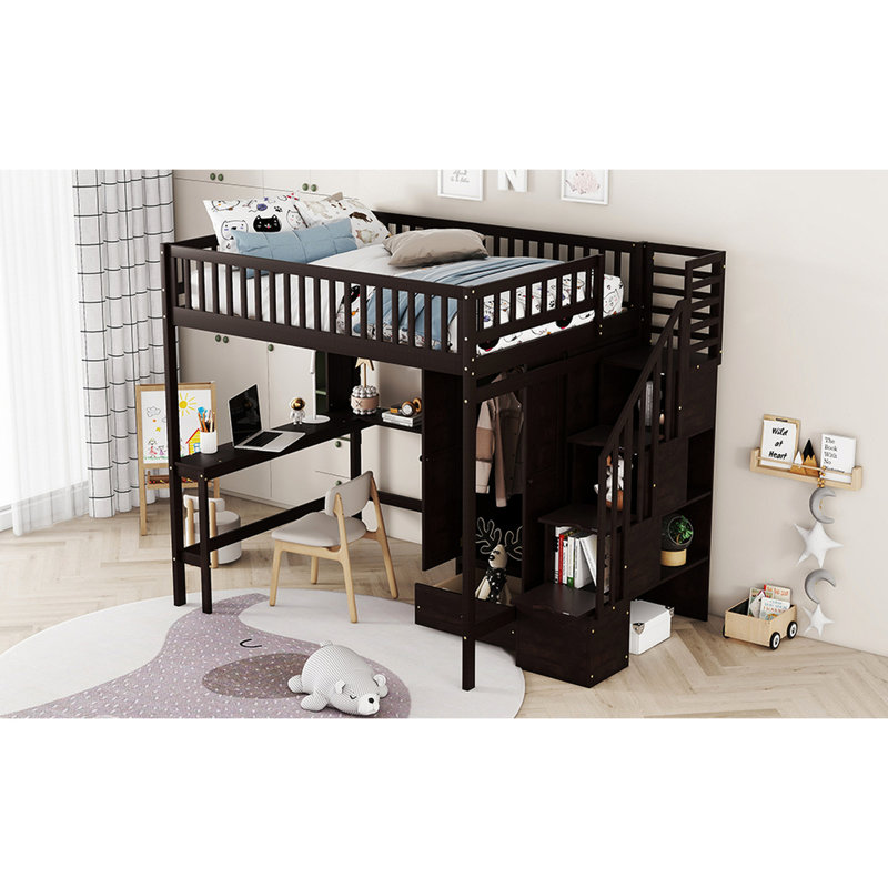 Lit mezzanine pleine grandeur Bibliothèque, tiroirs, bureau et garde-robe. Bois de pin massif robuste Look inspiré de la maisonnette. Accentuation en forme de clôture. L 94,4 po x l 57 po x H 72 po. Matelas non inclus.