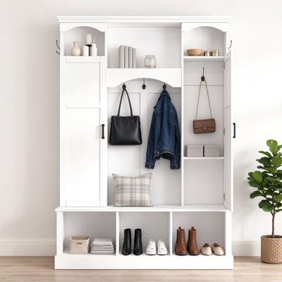 Modern All-In-One Hall Tree With Adjustable Shelves, Classic Arched Farmhouse Storage Bench With Dual Side Cabinets, Elegant Entryway Organizer With 7 Hooks For Mudroom, Hallway
