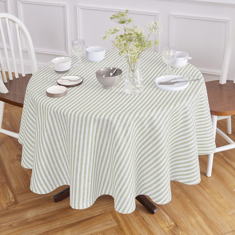 Amalfi Stripe - 100% Pure Linen Round Tablecloth, Sage/White, 60" Round