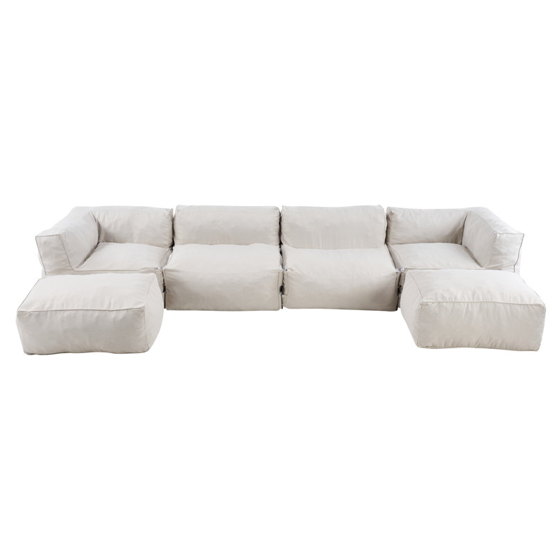 Bronwen Modern Coastal Outdoor Olefin U-Shaped Bean Bag Sectional Sofa With 2 Ottomans, Beige