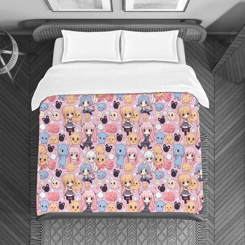Adorable Chibi Pink Microfiber Duvet Cover, Twin Duvet Cover