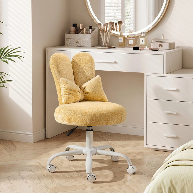 Adjustable Bow Velvet Bunny Ear Swivel Accent Chair Office Chair For Home Office Vanity, Yellow