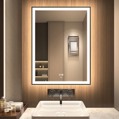 LED Black Framed Bathroom Vanity Mirror, Illuminated Dimmable Anti Fog Makeup Mirror, 3 Color Light