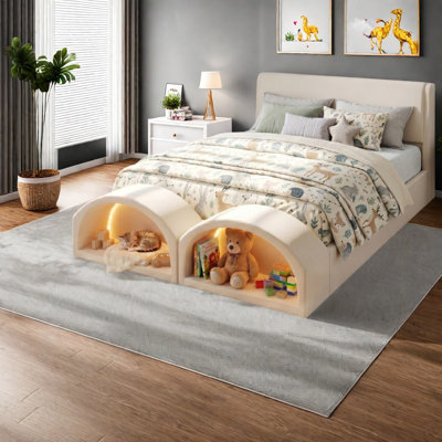Lit gigogne double pour chat, cadre grand rembourré beige, maison moderne pour animaux de compagnie