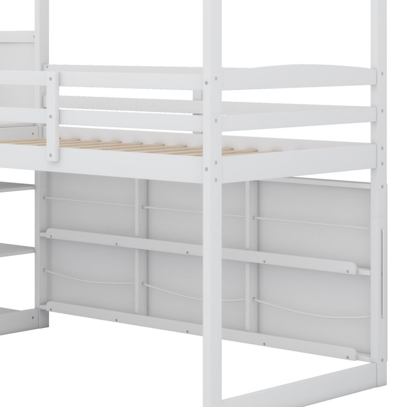 Wood House Loft Bed With Slide, Storage Shelves And Light, Climbing Ramp, White
