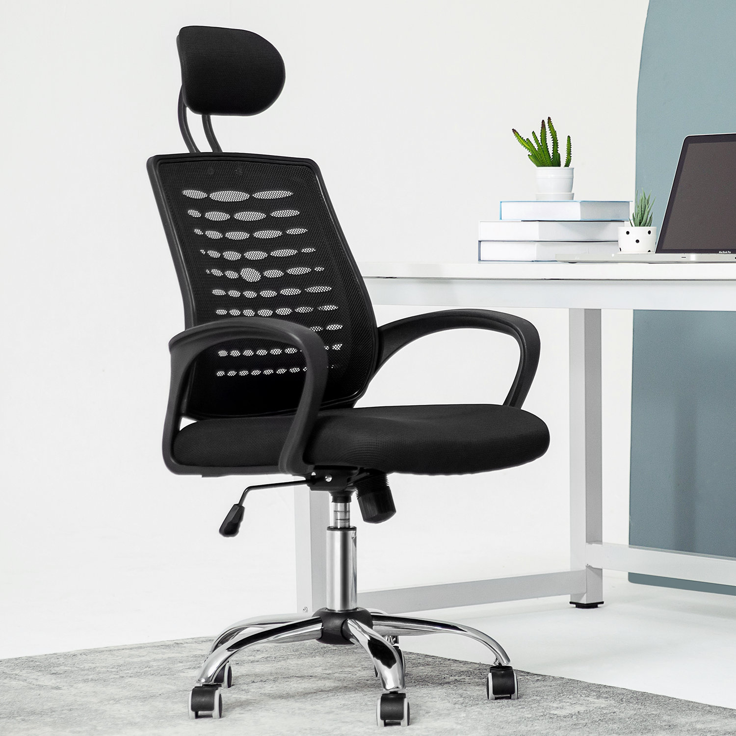Mesh Office Chair,Ergonomic Office Chair with Adjustable Lumbar  Support,Armrest,Headrest-Tilt High Back Desk Chair with Mute Wheel for  Office, Home