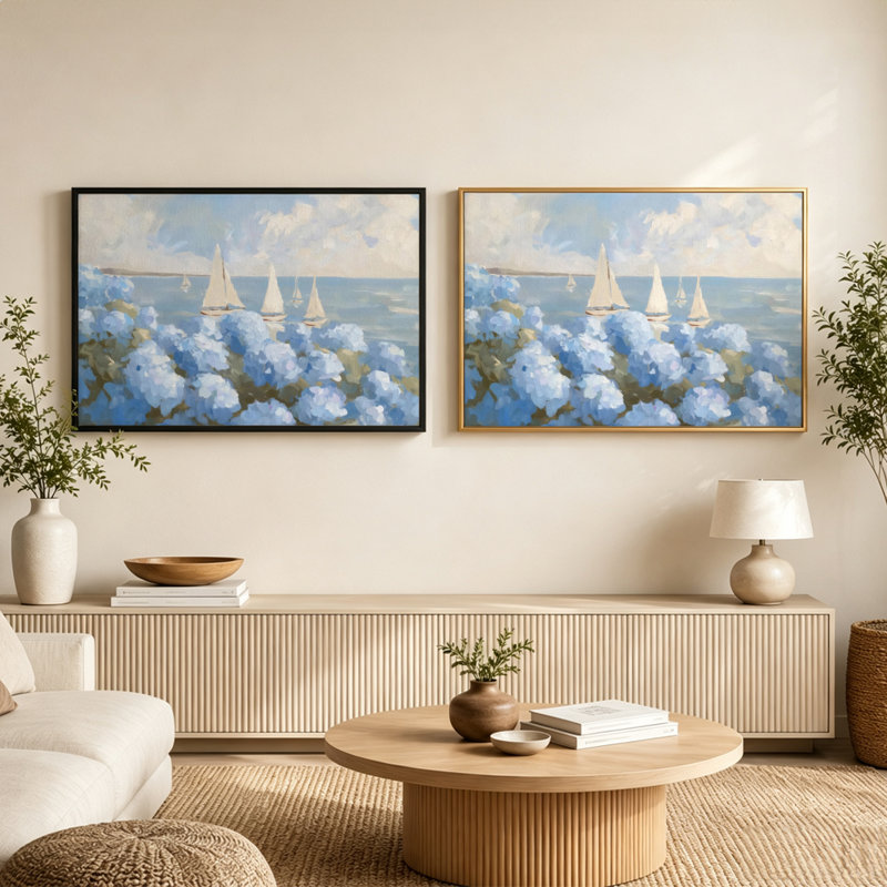 Hydrangea Cove voilier, art mural avec cadre flottant, prêt à être suspendu, 16x24in, Beige
