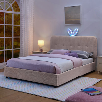 Grand lit tapissier avec tête de lit surdimensionnée, lumière DEL et 4 tiroirs de rangement; Ensemble de lattes, tissu bouclé