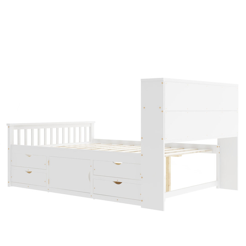 Full Size Captain Platform Bed Frame With Storage Bookcases And Shelves,Four Drawers,White