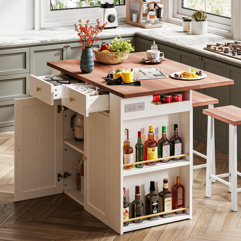 3 Pieces Kitchen Island Set with Storage Cabinet, Drawers, and 2 Stools, Brown Wood