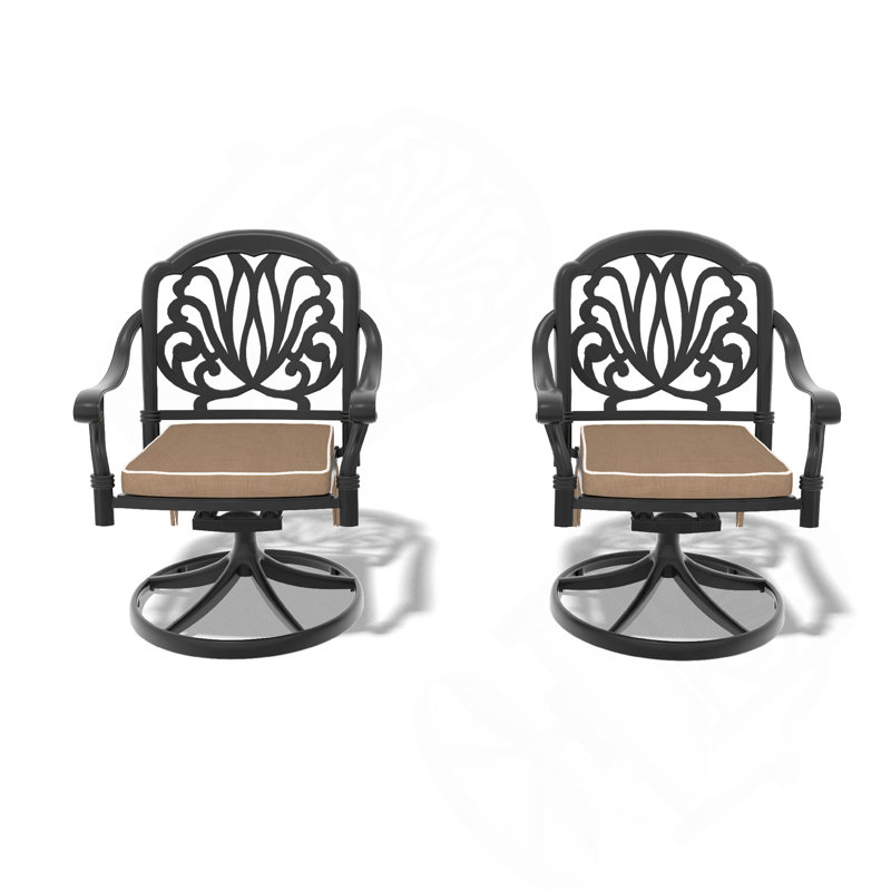 Cast Aluminum Patio Swivel Chair 2PCS With Black Frame and Brown Cushions, Black