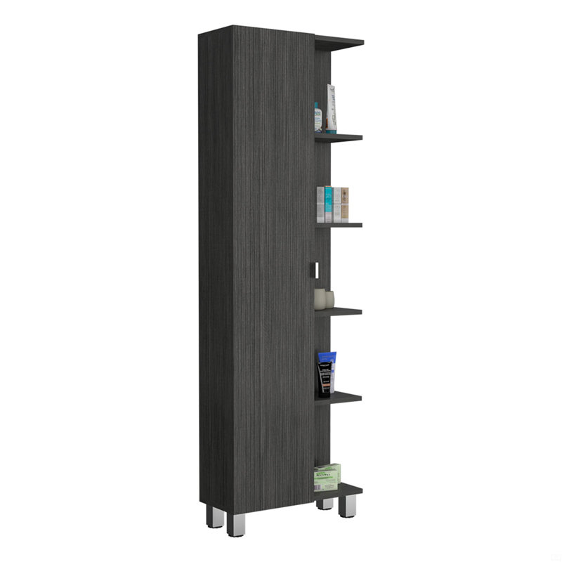 Armoire en lin à porte simple H 62 po, cinq tablettes extérieures, quatre tablettes intérieures, Gris