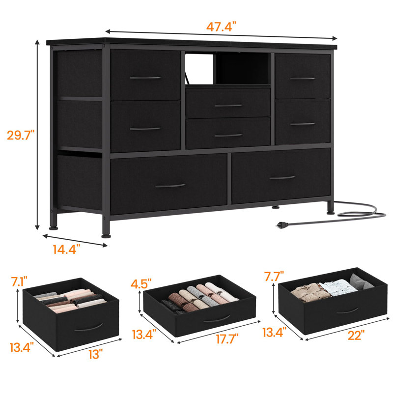 8-Drawer Fabric Dresser TV Stand with RGB LED & Power Outlet, Wood-Top Storage Console for 55" TV, Black
