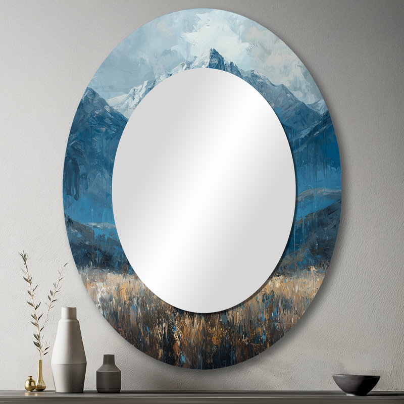Éléphant d'Afrique moderne dans les montagnes III - Animaux miroir décoratif ovale sur métal, 43 po x 33 po