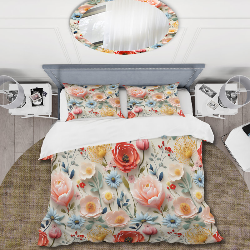 Delight Pink And Beige Floral Pattern I - Ensemble de housse de couette à motif floral