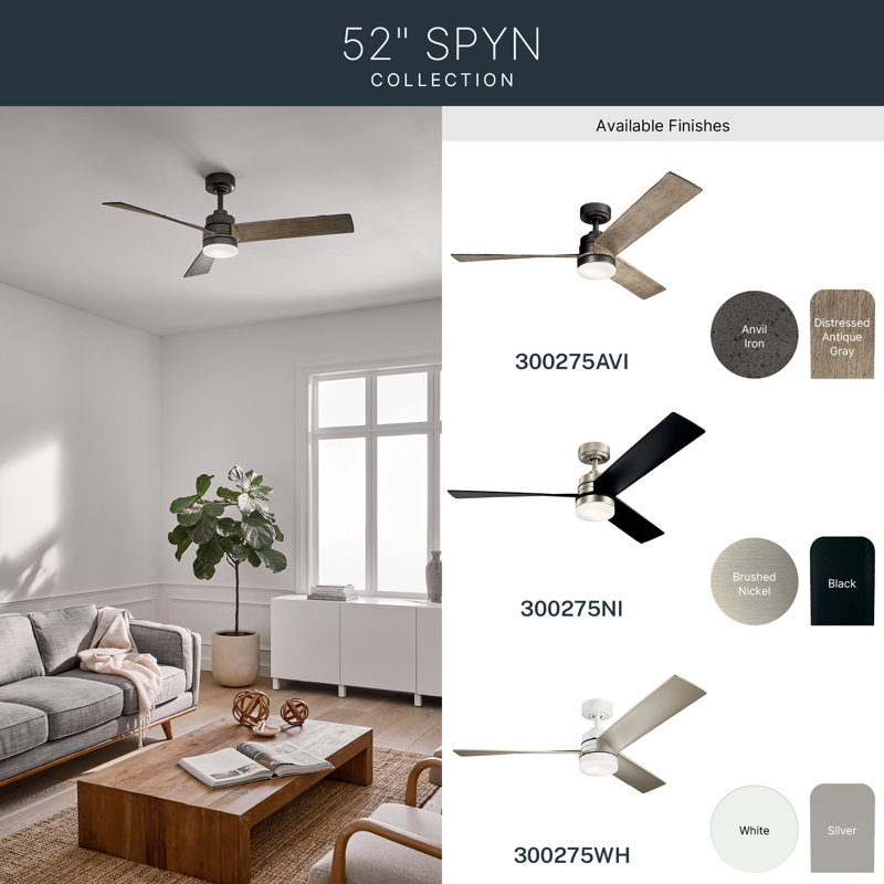 Kichler Spyn 52" 3-Blade White LED Light Ceiling Fan with Silver Blades and Wall Control, White