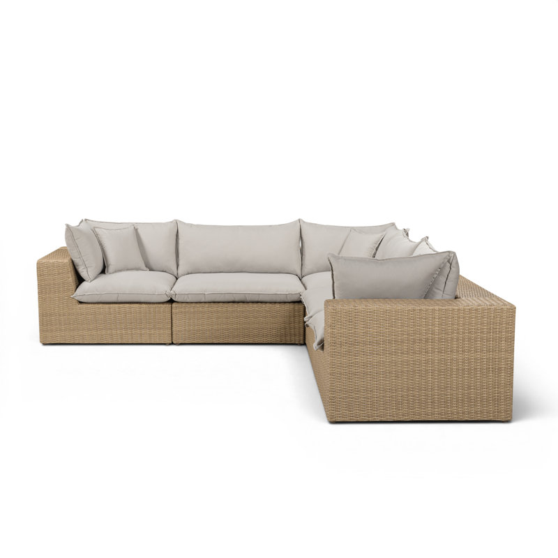Canapé modulaire d'extérieur Cali en tissu gris clair et osier brun