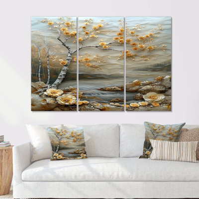 «Blossoming Birch By Silver River», ensemble d'art mural Birch
