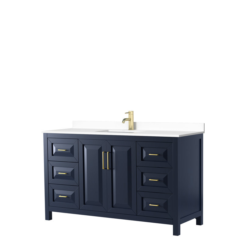 Daria 60'' Single Bathroom Vanity with Carrara Marble Top, Dark Blue, White Cultured Marble, Brushed Gold