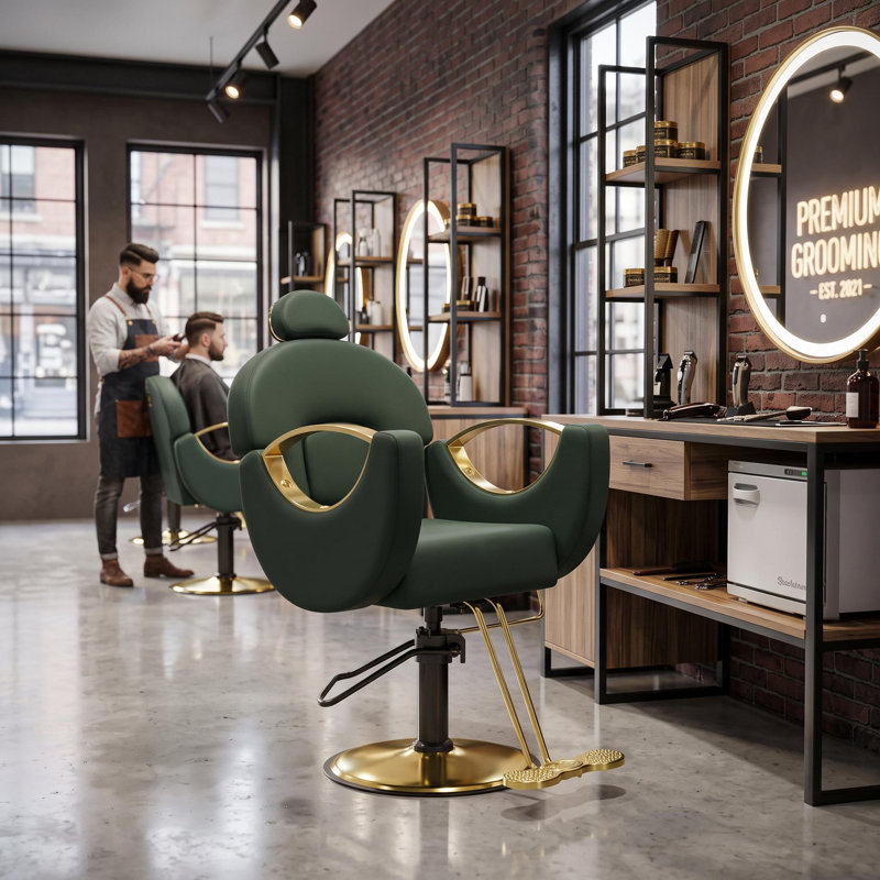 Fauteuil de barbier inclinable avec pompe hydraulique robuste, pivotant à 360°, hauteur réglable, support jusqu'à 150 kg, vert